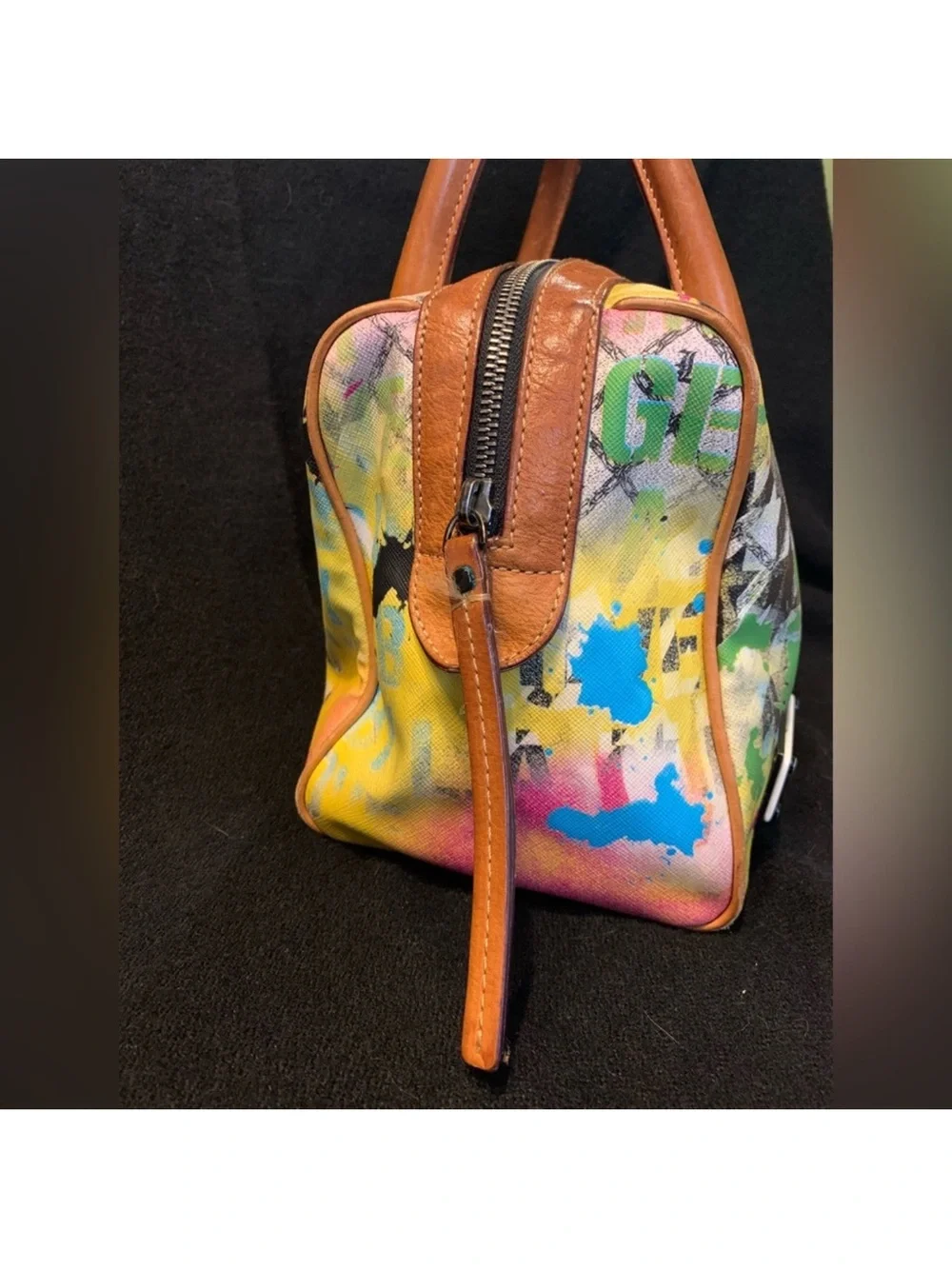L.A.M.B. Multicolor Paint-Splash Satchel with Tan Handles Y2K!